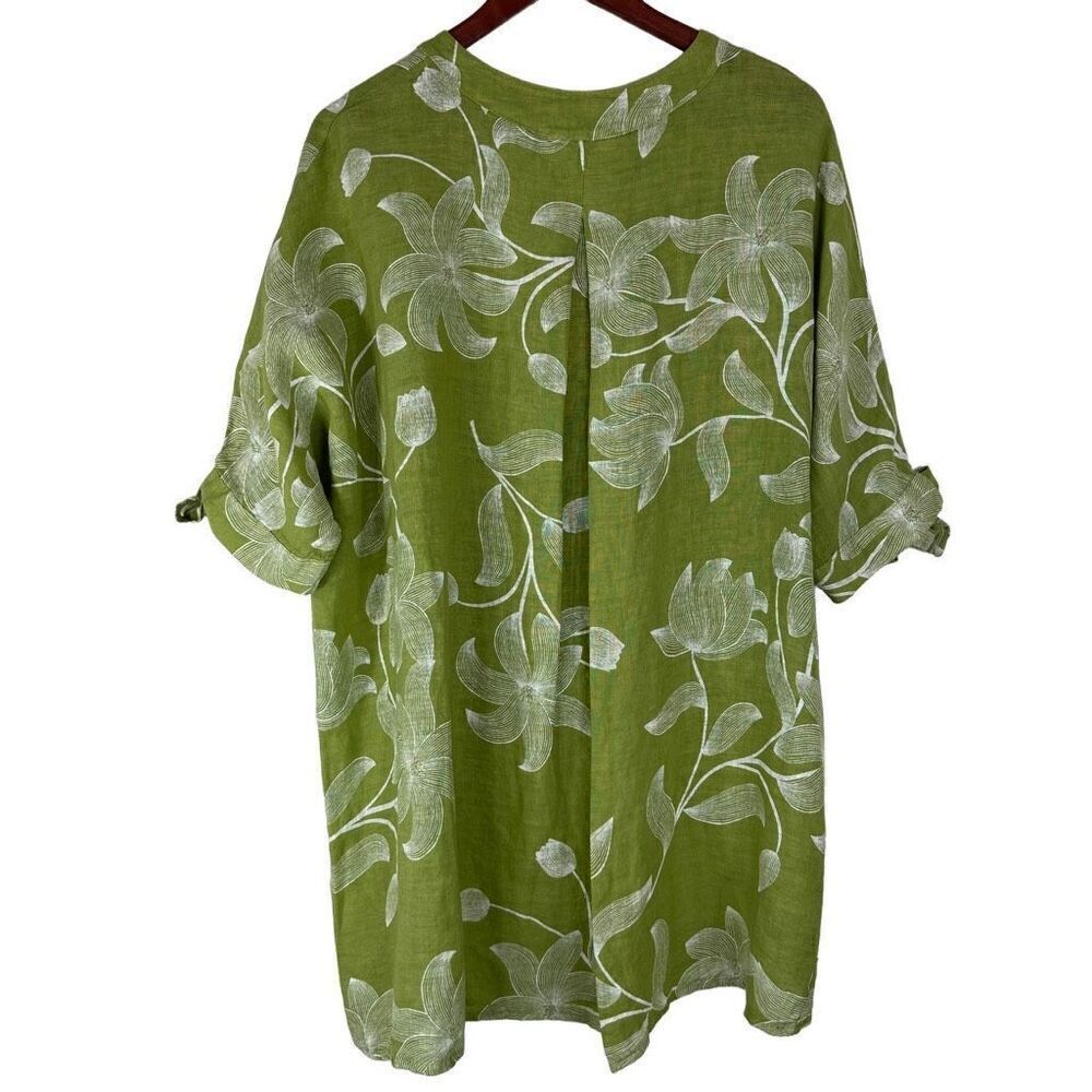 Italian 100% Linen Boho Green Floral Hi-Low Relaxed Fit Tunic Top Women One Size - Picture 2 of 8